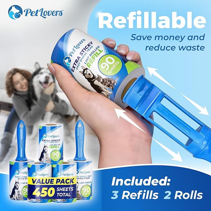 PetLovers Extra Sticky Lint Roller Mega Value Set 450 Sheets for Pet Hair Removal and Clothes, Dog and Cat Lint Remover 5 Pack