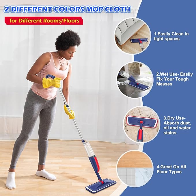 Spray Mops for Floor Cleaning: MEXERRIS Wet Dust Mops with 4 Washable Pads for Swiffer Powermop & 2 Refillable Bottles - Flat Floor Mop Home Commercial Mop for Hardwood Wood Laminate Ceramic Tiles