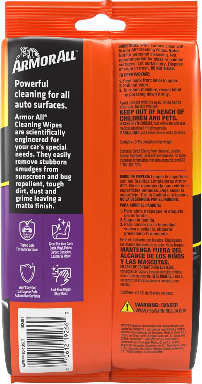 Armor All Interior Car Cleaning Wipes by Armor All, Car Wipes for Dirt and Dust, 60 Count Each, 6 Pack
