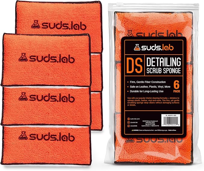 Suds Lab DS Detailing Scrub Sponge – Microfiber Scrub Pad for Car Detailing, Two Textures for Polishing & Scrubbing, Durable & Absorbent, Multi-Surface Use, Washable & Reusable – 6 Pack, Orange