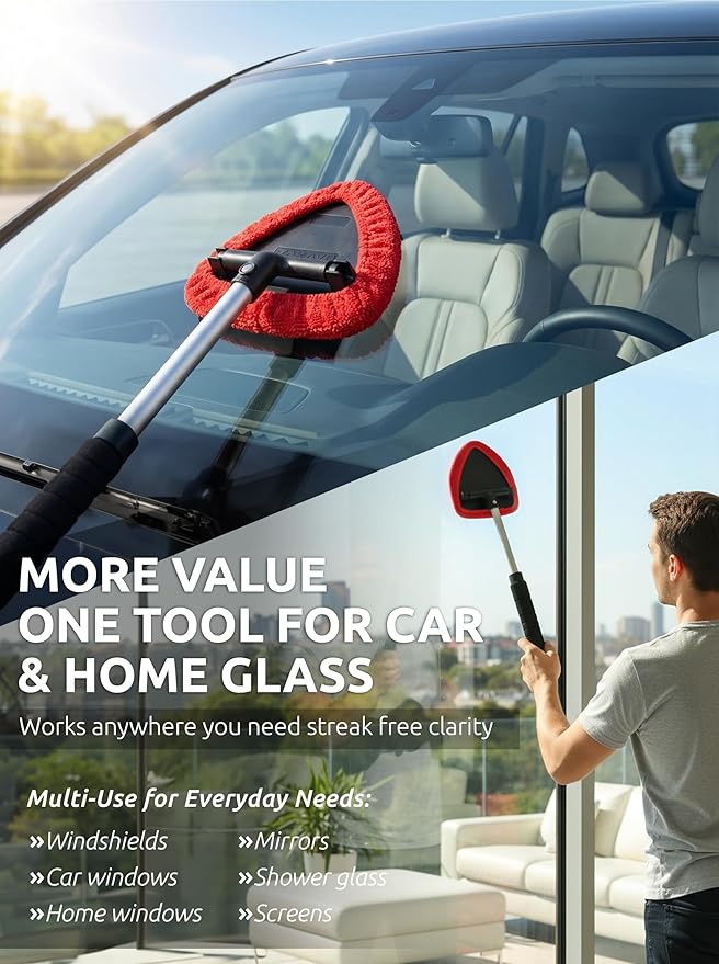 TAKAVU Windshield Window Cleaner Tool, Extendable Long-Reach Handle, Unique Pivoting Triangular Head, 3 Washable Reusable Microfiber Bonnets, Car & Home Inside Interior Exterior Use - Lint Free (Red)