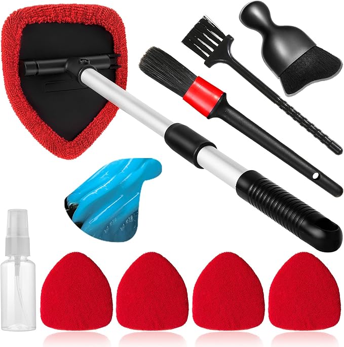 Qydipclin 10pcs Windshield Cleaner Tool, Car Window Cleaning Wash Kit with 4 Reusable Microfiber Pads 1 Spray Bottle and