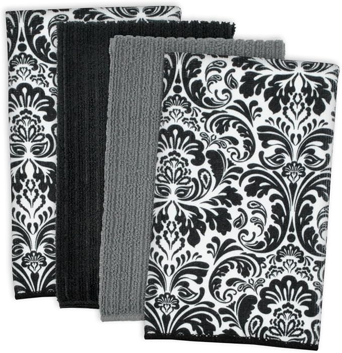 DII Cleaning Collection Multi-Purpose Microfiber, Black Damask, Dishtowel Set