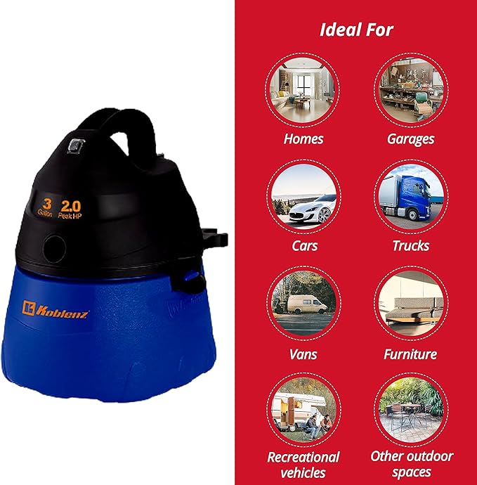 Koblenz Wet Dry Vacuum Cleaner, 3 Gallon 2.0 PHP, Twist-N-Lock Hose, Small Shop Vac, Portable Shop Vac for Home Car Garage Workshop, 10 ft Reach, Accessories Included, Blue/Black, WD-353L