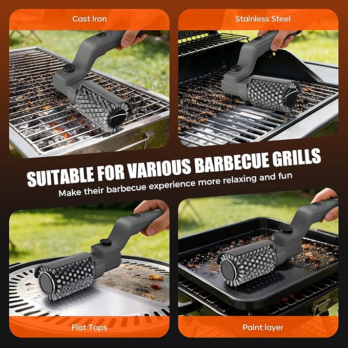 YEYES Electric Grill Brush for Outdoor Grill - Cordless Rechargeable BBQ Cleaner with 7-Angle Adjustable Head, 2600mAh Power Rotary Grill Cleaning Brush for Gas Charcoal Grates (Gray)