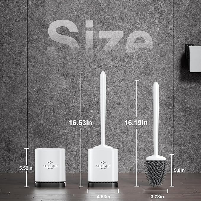 Sellemer Toilet Brush and Holder Set - Flexible Toilet Bowl Brush Head with Silicone Bristles, Compact Size for Storage and Organization, Ventilation Slots Base (1 Pack, Pearl White)