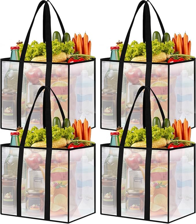 Reusable Grocery Bags, Clear Shopping Bags, 4 Pack, 42L