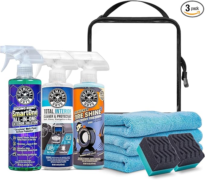 Chemical Guys Quick Detailing Kit With Storage Bag, Raging Rhino SmartOne Exterior Spray, Interior Cleaner, Tire Shine, Microfiber Towels, And Applicators Giftable Car Care Set