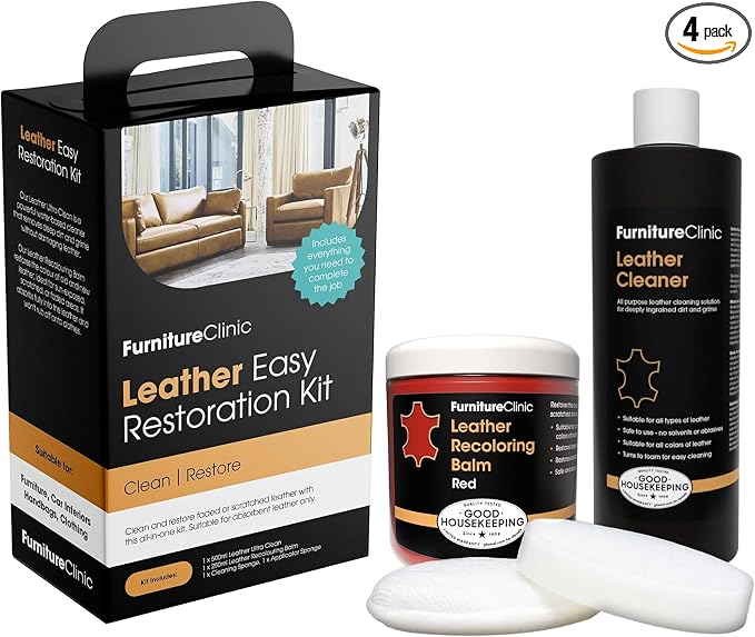 Furniture Clinic Leather Easy Restoration Kit | with Leather Recoloring Balm, Cleaner, Sponge, and Cloth | Leather Repai