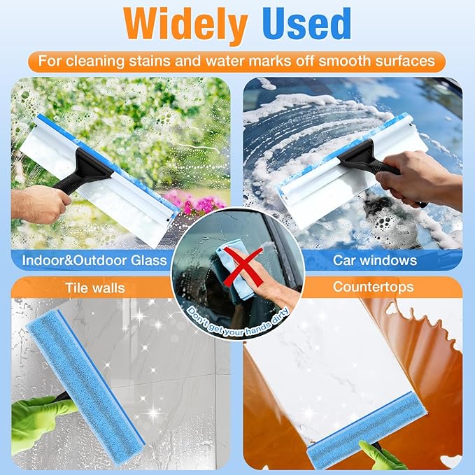 Window Squeegee for Home Window Cleaning – Squeegee and Microfiber Window Scrubber, Glass Squeegee for Shower Glass Door,Mirror,Car Windshield,Bathroom,Household Window Cleaner Tool,13.8",Blue