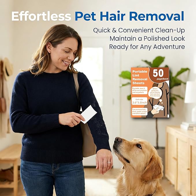 AITOLY Portable Lint Remover, 50-Pack Mini Sticky Strips for Pet Hair & Clothes — Strong Adhesive No-Residue Travel Lint Roller for Dark Fabrics, Furniture & Car