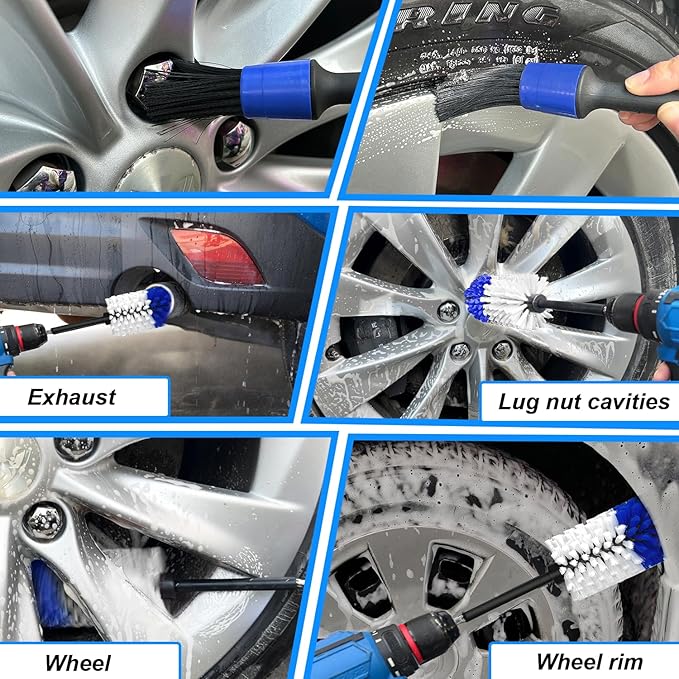 Wheel Brush Kit, Soft Drill Wheel Cleaner Brush, No Scratches Highly Dense Car Cleaning Brush Set for Wheels, Rims, Engines, Exhaust(Blue/White,2Pcs)