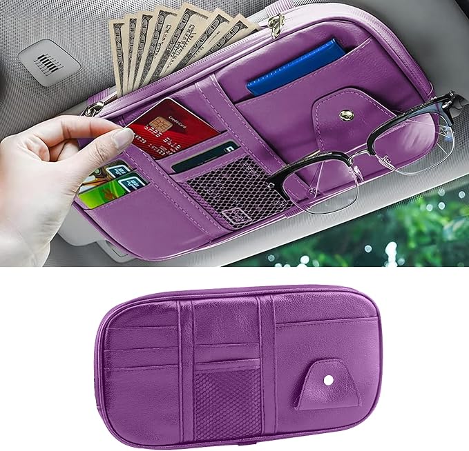 Car Sun Visor Organizer, Sunglass Holder and Storage Pocket, Card Cash Pouch with Multi-Pocket Net Zipper, Case Bag for
