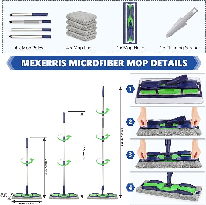 Microfiber Mops for Hardwood Floor Cleaning: MEXERRIS Flat Floor Mop with 4 Washable Pads 59" Adjustable Handle - Dust Dry Mops for Kitchen Bathroom Tile Laminate Wood Vinyl - Home Commercial Mop