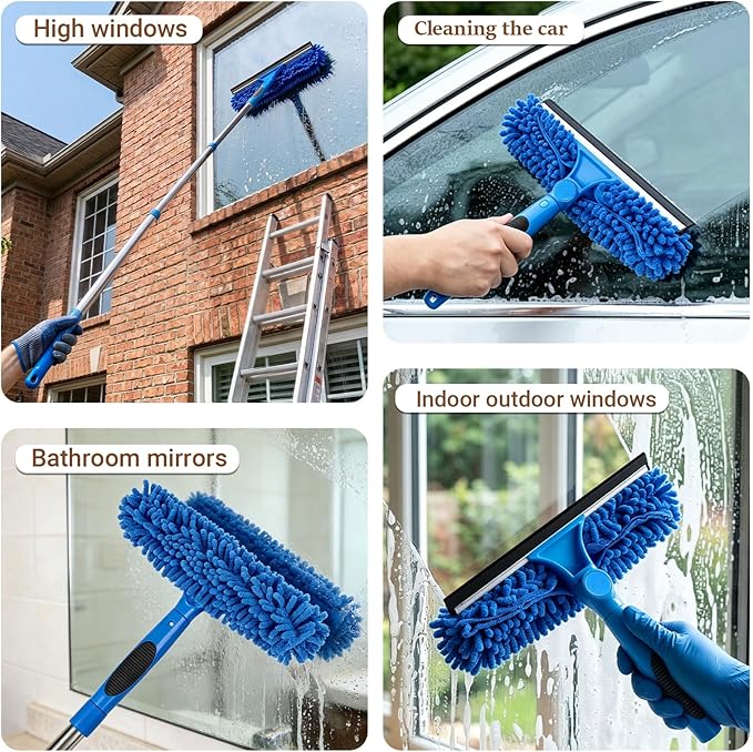 Professional 67" Window Squeegee, 3-in-1 Rotatable Squeegee for Window Cleaning with Extension Poles, Window Cleaner Tool Kit for Indoor & Outdoor High Windows and Car Glass
