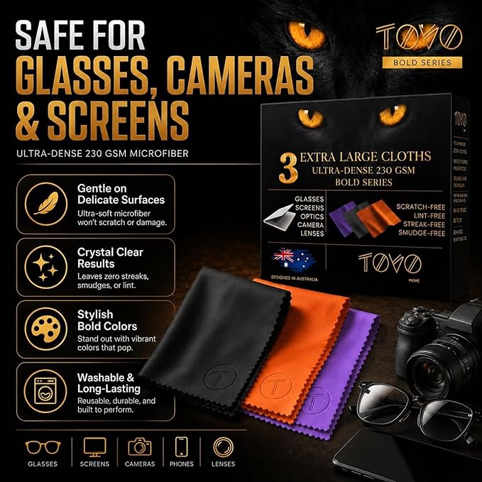 Extra Large Microfiber Cleaning Cloth – 3 Pack, 12"x12", 230 GSM Thick Lens Cleaner for Glasses, Camera & Screens, Ultra Soft, Streak-Free, Lint-Free, Scratch-Safe (Bold Series)