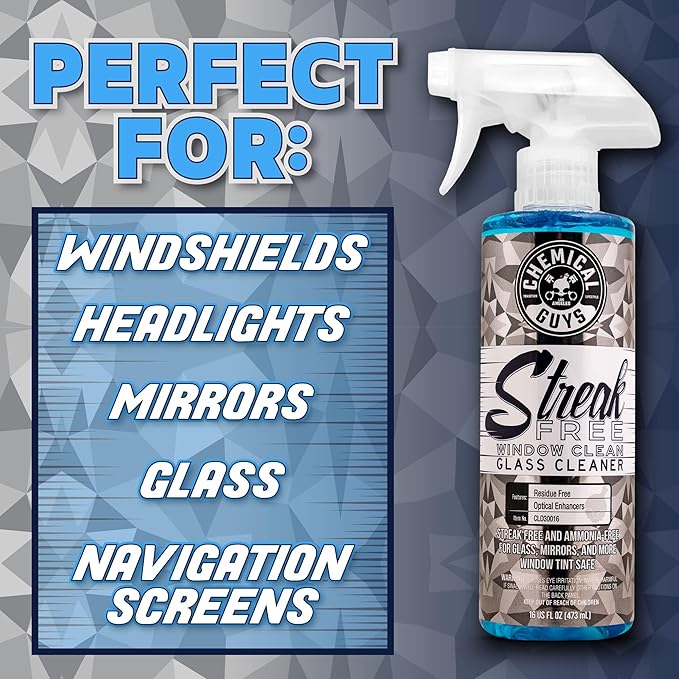 Chemical Guys Streak Free Glass and Window Cleaner - Works on Glass, Windows, Mirrors, and Screens, Ammonia-Free and Safe on Tinted Windows, for Cars, Trucks, SUVs, and Home Use - 16 oz