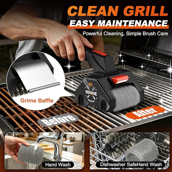 Dual-Head Electric Grill Cleaning Brush, Chain Roller and Wire Brush, Cordless and Rechargeable, BBQ Cleaner, 304 Stainless Steel No Bristle Shedding Cordless