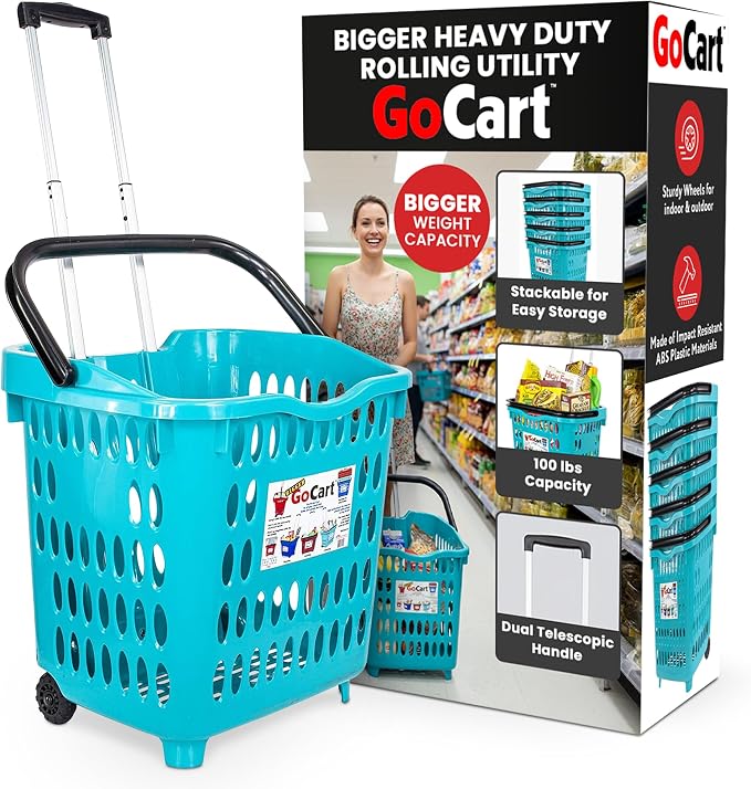 dbest products Bigger GoCart Grocery Cart Rolling Shopping Laundry Basket on Wheels Hamper with Telescopic Handle Cleani