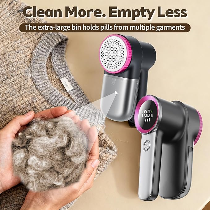 Rechargeable Fabric Shaver & Lint Remover, Electric Sweater Defuzzer with 3 Speeds, 6 Leaf Blades, LED Display & Type-C Fast Charging, Lint Shaver for Clothes, Furniture, Sweater, Couch