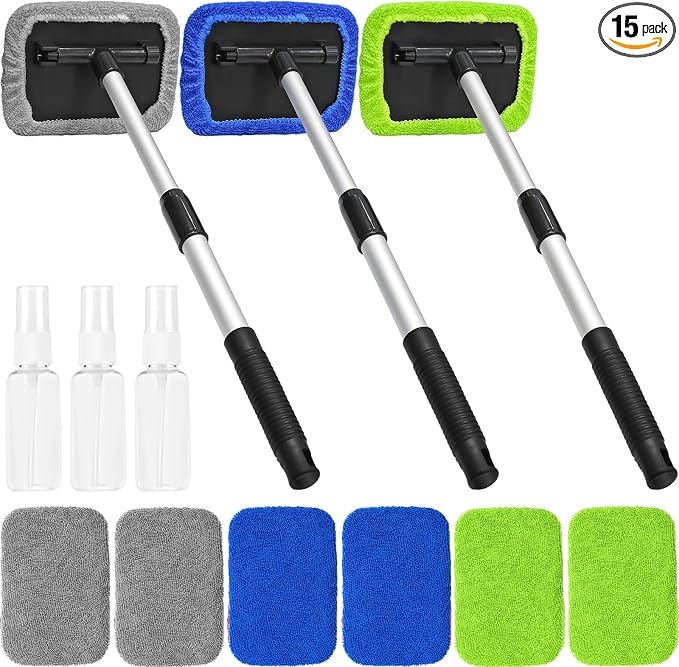 Beieverluck 15 Pieces Windshield Cleaner Tool, Inside Car Window Cleaning Tool with 9 Microfiber Pads and 3 Spray Bottle