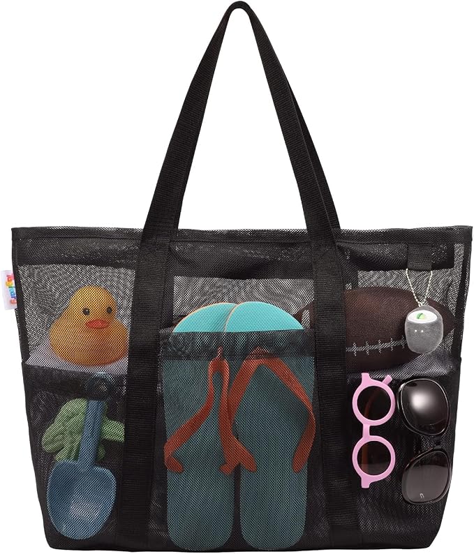Tagitary Mesh Beach Bag with Zipper Large Beach Tote Waterproof Sandproof with 8 Pockets for Toys Pool Bag Beach Accesso