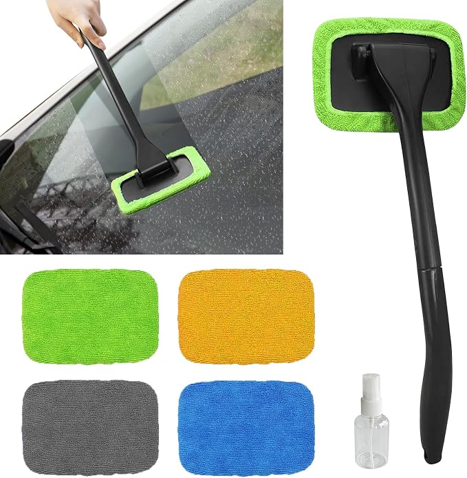 Car Windshield Cleaning Tool, Car Glass Cleaner Wiper, Windshield Cleaner with 4 Washable Reusable Microfiber Pads and E
