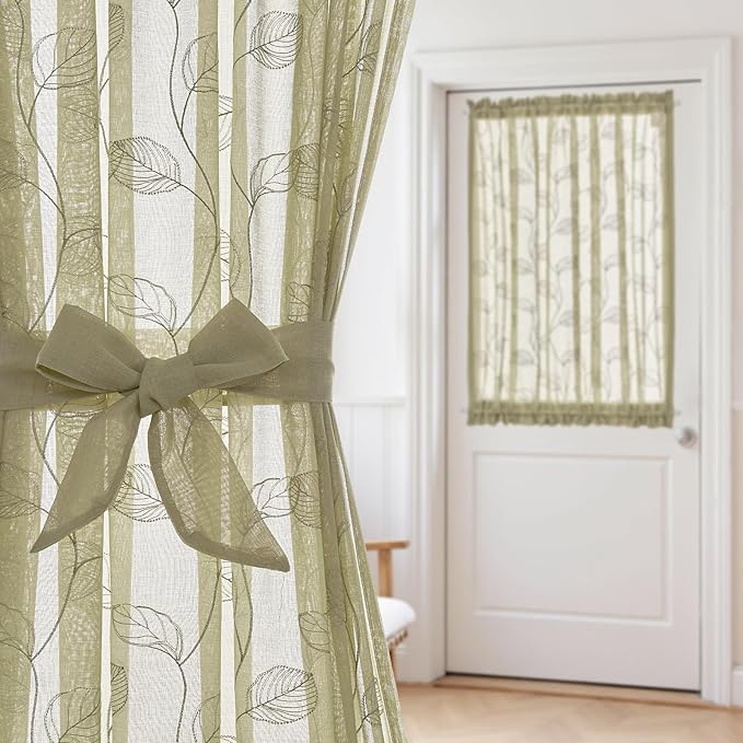 jinchan French Door Curtain Privacy Rustic Leaf Embroidered Semi Sheer Voile Front Curtain for Window Doorway Closet, Door Panel with Tieback Rod Pocket 1 Panel 55W x 40L Inch Sage Green