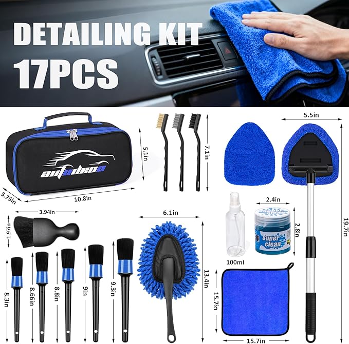 Windshield Cleaner Tool, 17Pcs Car Interior Detailing Kit, Detailing Brush, Towels, Duster, Car Cleaning Kit Interior for RVs, Truck, Trailer (Blue)