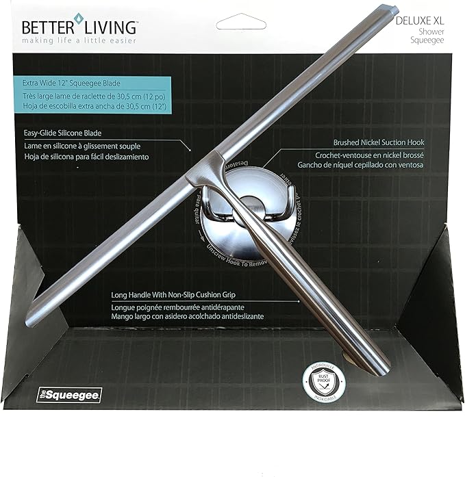 Better Living Deluxe XL Shower Squeegee, Multi-Purpose Silicone Squeegee Blade with Storage Hook, Rust-Proof Heavy Duty Window, Glass, Shower Scrubber, Windshield Wiper, 12", Brushed Nickel