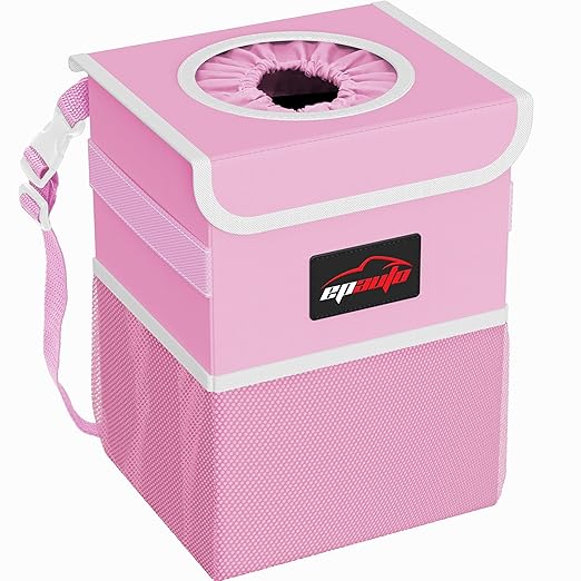 EPAuto Waterproof Car Trash Can with Lid and Pockets, 2.5 Gal, Pink