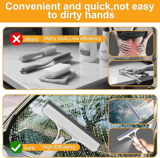 Pro 3 in 1 Window Cleaning Scraper, with 2 Replaceable Cleaning Cotton Strips 3 in 1 Spray Squeegee, Window Squeegee, Suitable for Cleaning Bathroom Glass, Mirrors, Car Windows (Yellow)