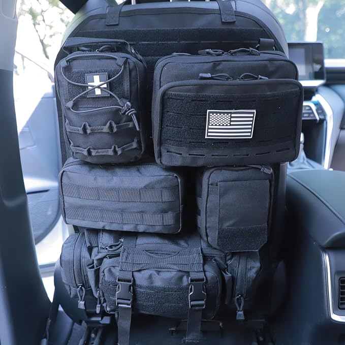Universal Tactical Seat Back Organizer Vehicle Molle Panel Organizer Storage Bag with 5 Detachable Molle Pouch for All