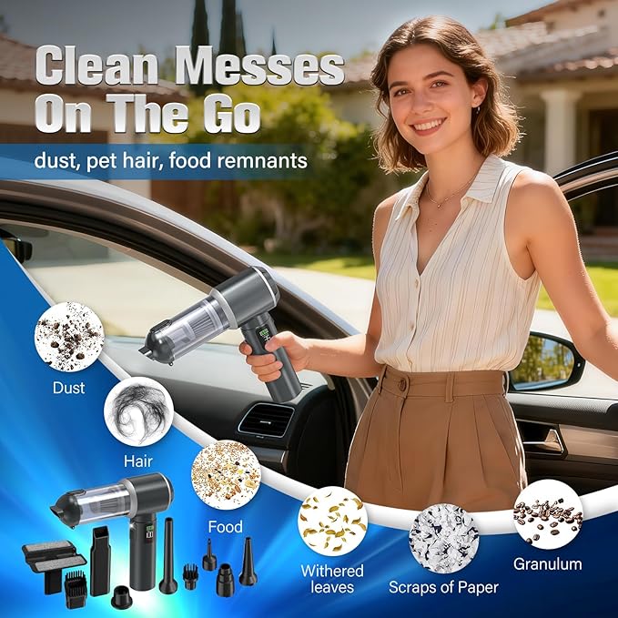 4-in-1 Handheld Vacuum Cordless&Air Duster, 28000pa Suction Power Car Vacuum Portable Cordless, Mini Vacuum with Digital Display and One-Click Dust Emptying for Car Home Office Kitchen Pet Hair(Gray)