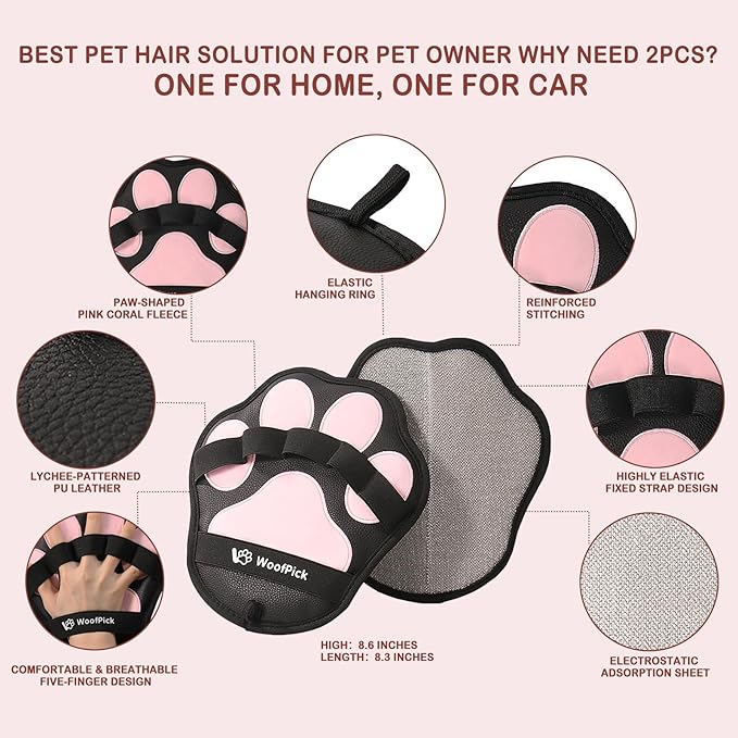 WoofPick 2 PCS Efficient PU Pet Hair Removal Gloves, Cat Dog Hair Remover, Electrostatic Deshedding Mitts, Gentle Reusable Fur Removal Tool for Furniture, Couch, Clothes & Car