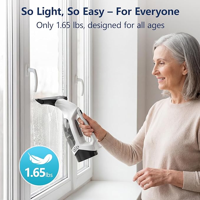 Window Vacuum Squeegee Cordless with Extendable Pole 31-40", 2000Pa Electric Window Cleaner with 2200mAh and 150ml Dirty Water Tank, Long Handle Shower Squeegee for Glass Door, Windows (White)