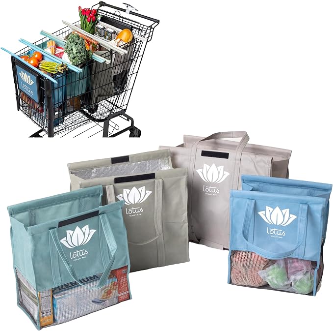 Lotus Earth Tone Trolley Reusable Shopping Bags (4-Pack) – Detachable & Reusable Grocery Bags Foldable with Insulated Gr
