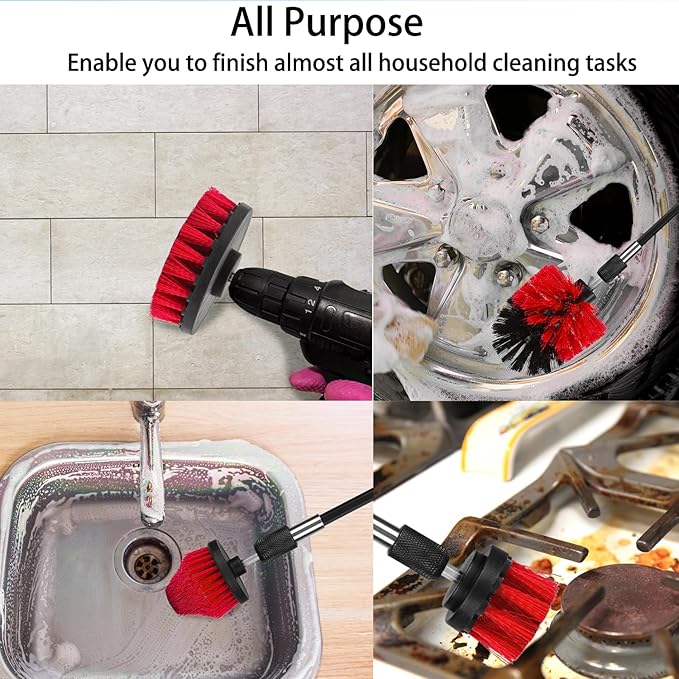 8 Pack Drill Brush Attachment Set, 1/4in Power Scrubber Brush + Extend Long Rod, Multi-Purpose Power Cleaning Scrub Brush for Bathroom, Tub, Tile, Corner, Floor(Red)