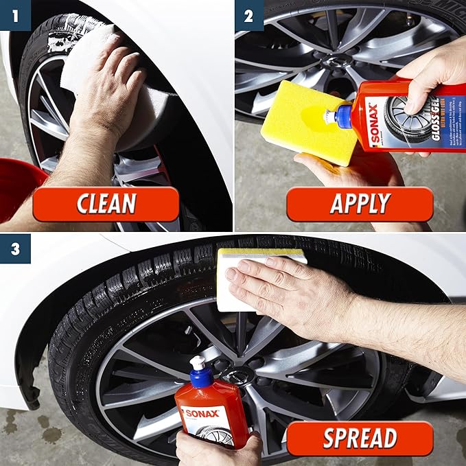 SONAX Tire Gloss Gel 235200 | Long-Lasting Rubber Conditioner for a Semi-Gloss finish on Tires | Deep Black Revitalization with Silicone Protection | Cleans, Conditions & Repels Dirt for Weeks | 500ml