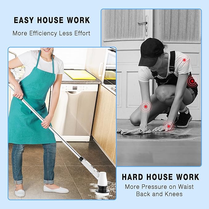 KEROMEE Electric Spin Scrubber Cordless Cleaning Brush with 7 Replaceable Brush Heads & Adjustable Extension Handle, 2 Speed Power Shower Scrubber for Bathroom, Tub, Tile, Floor (White)