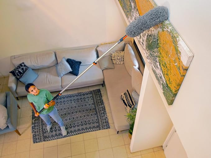 24 Foot High Reach Duster Kit with 5-18 ft Extension Pole // High Ceiling Dusting and Window Cleaning Kit with Telescopic Pole // Window Washer & Squeegee, Cobweb Duster, Fan Blade and Feather Dusters