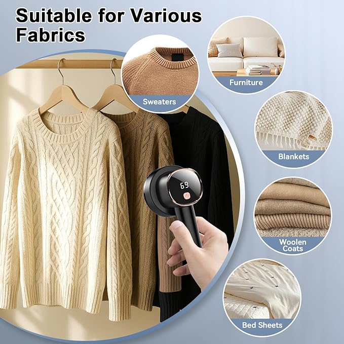 Rechargeable Fabric Shaver for Clothes: 6-Leaf Blades & 3 Speeds to Remove Pilling, Fuzz & Lint Balls - with LED Display, Portable Electric Lint Remover for Sweater, Couch, Blanket, Furniture