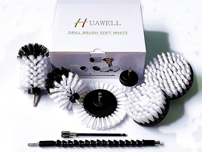HUAWELL 8 Piece Soft White Drill Brush with Extend Attachment Set-Car Interior Detailing Kit, All Purpose for Car, Boat,