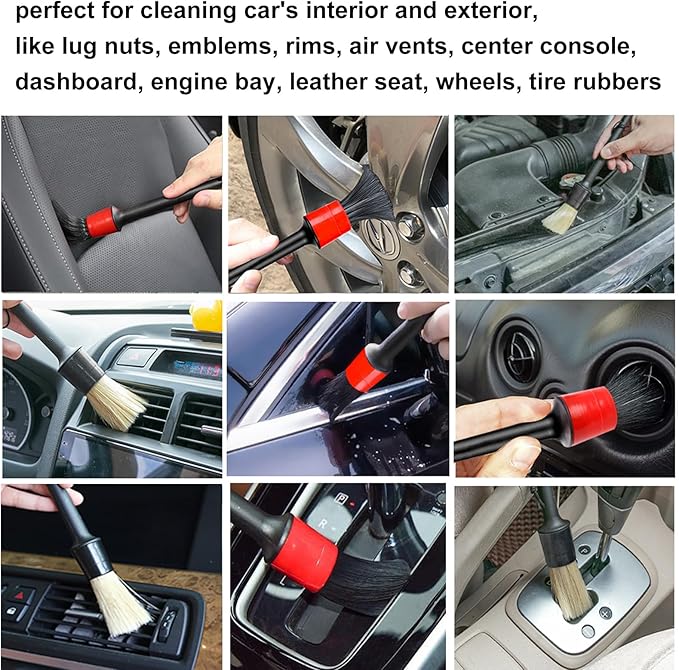 Detailing Brush Set - 10 Pcs Detail Brushes Car Detailing, Auto Boar Hair Car Detailing Kit for Cleaning Interior Exterior - Vehicles Wheels Leather Engine Dashboard