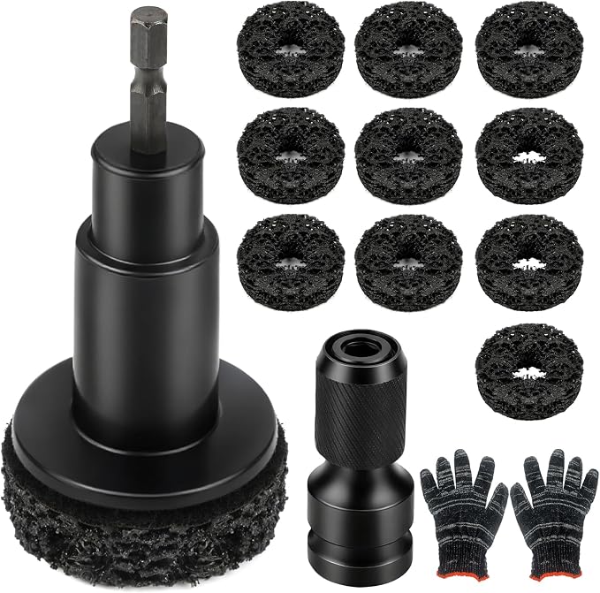 Wheel Hub Cleaning Tool Set, 10 Pads for Drill and 1/2-Inch Wrench