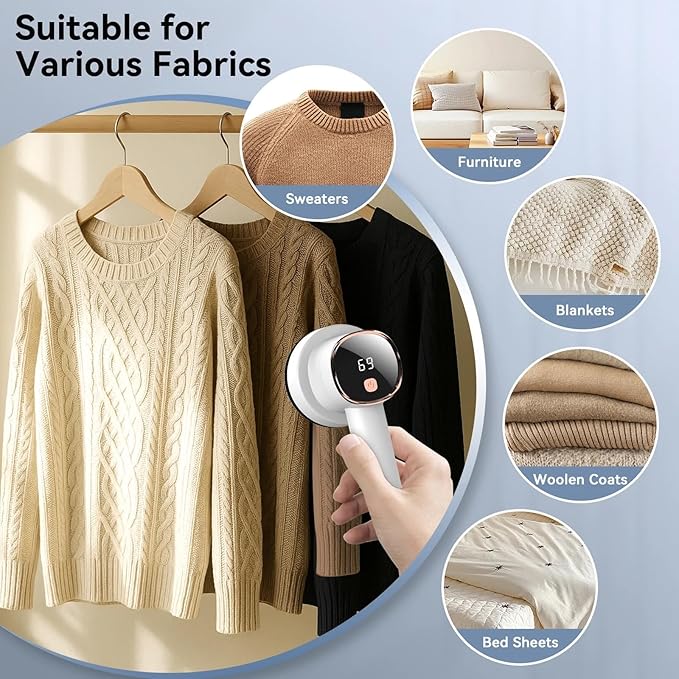 Rechargeable Fabric Shaver for Clothes: 6-Leaf Blades & 3 Speeds to Remove Pilling, Fuzz & Lint Balls - with LED Display, Portable Electric Lint Remover for Sweater, Couch, Blanket, Furniture
