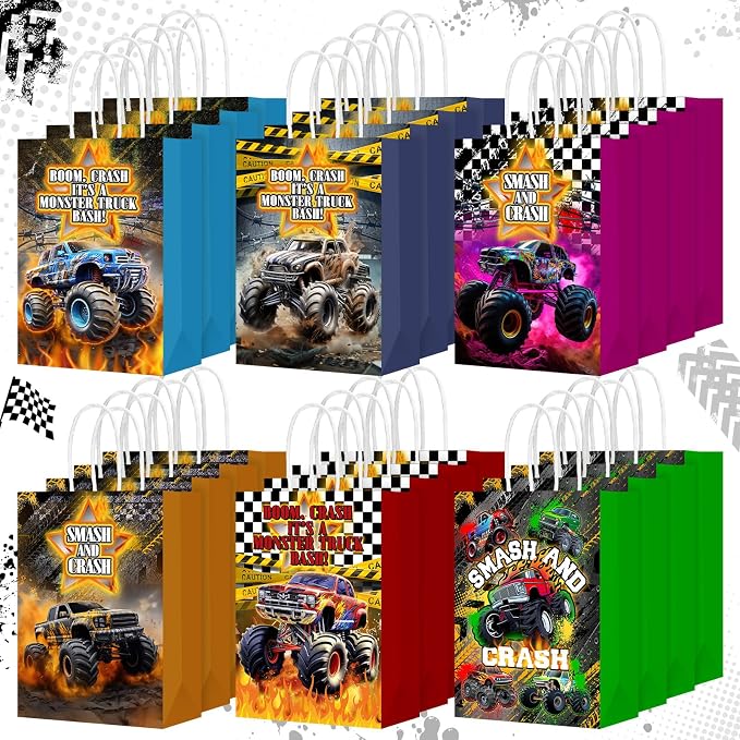 Kolldenn 24 Pcs Monster Truck Goodie Bags with Handles Truck Party Bags