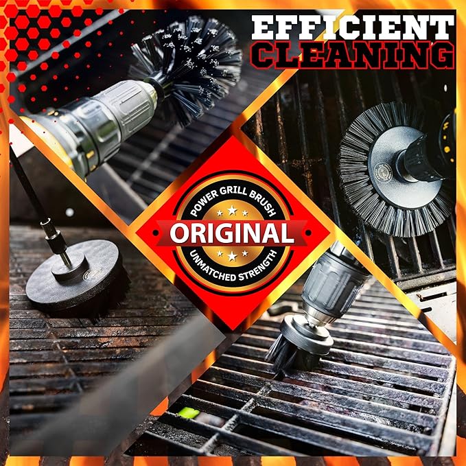 Power Grill Brush - Grill Brush 5 Piece BBQ Cleaning Kit - Nylon Safe Bristle, Wire Free, Safe for All Grates Stainless Steel, Porcelain, Charcoal Smoker Grill Cleaner Scraper, Accessories Outdoor