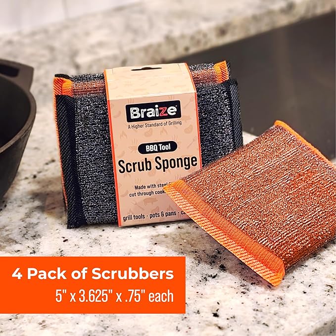 Heavy-Duty Steel Wool Scrubber Sponges 4 Pack – Stainless Steel Cleaning Pads for Dishes, Pots, Pans, Grills & Ovens – Durable Multi-Surface Kitchen Scrubbing Tools for Tough Grease & Burnt Food