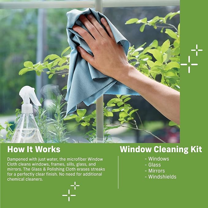 E-Cloth Window Cleaning Cloth - Eco Packaging - Glass Cleaning Cloth, Streak-Free Windows with Just Water, Microfiber Towel Kit for Windows, Car Windshield, Mirrors - Alaskan Blue